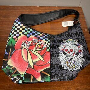 Ed Hardy Hobo Bag Rose Skull Tattoo Checkered Print Shoulder Bag Purse